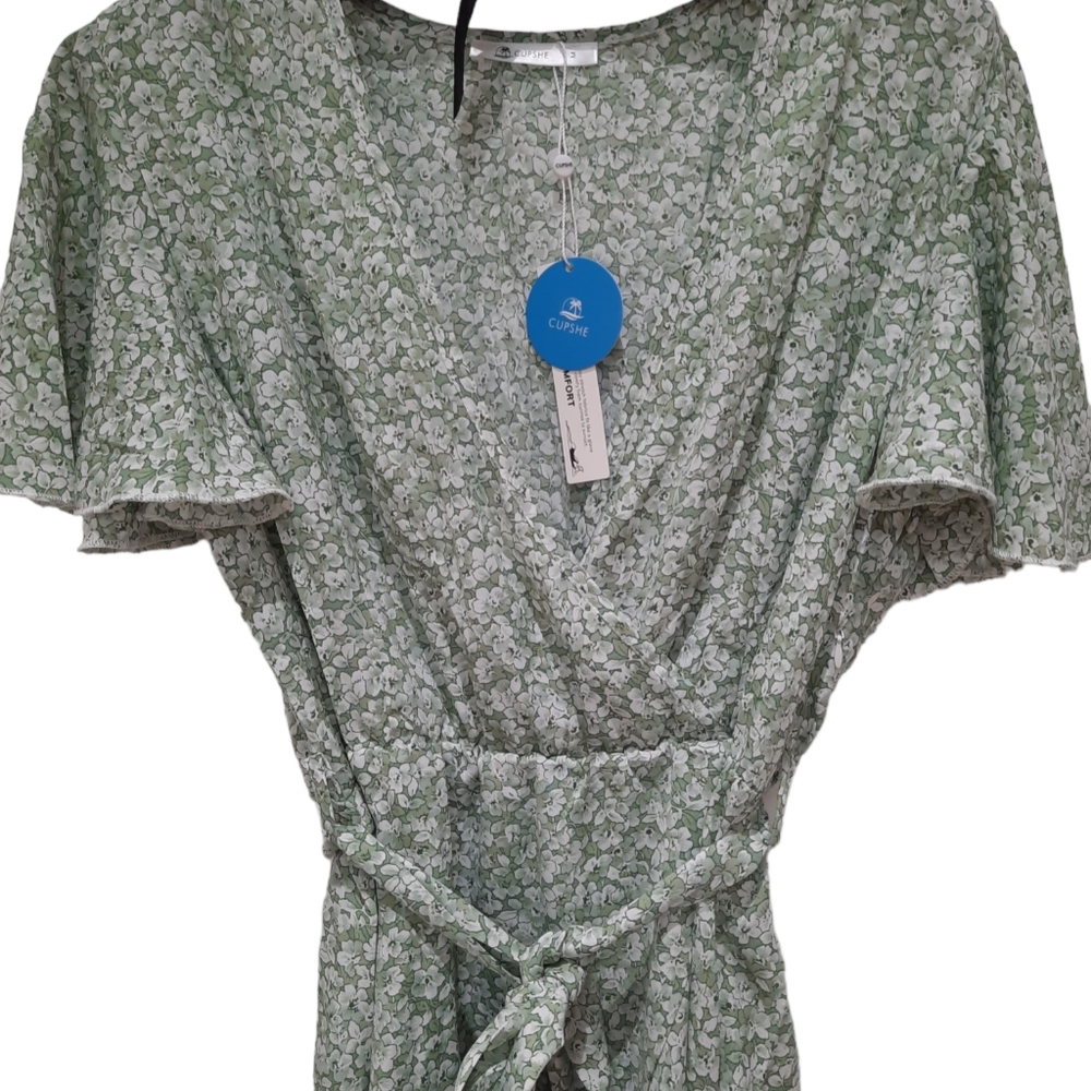 Cupshe Green & White Faux Wrap Dress NWT - Picture 1 of 8